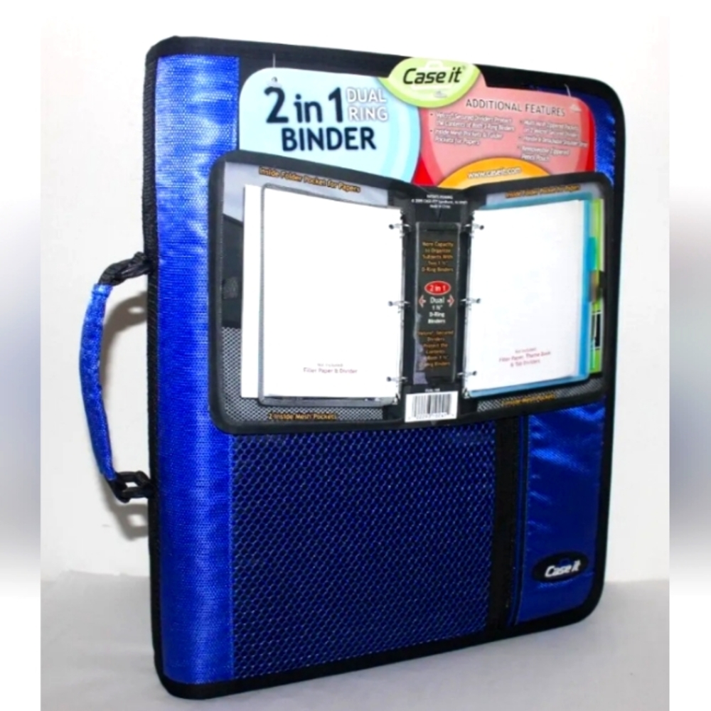 Case-It 2 in 1 Dual D-Ring Binder Crossbody Bag Zip Organizer New Blue Nylon